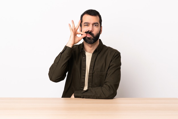 Homem caucasiano com barba em uma mesa, mostrando um sinal de gesto de silêncio
