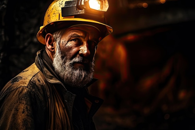 Homem caucasiano com rosto sujo capacete na cabeça mina profunda mineiro de recursos naturais conceito de condições de trabalho difíceis indústria de mineração IA geradora