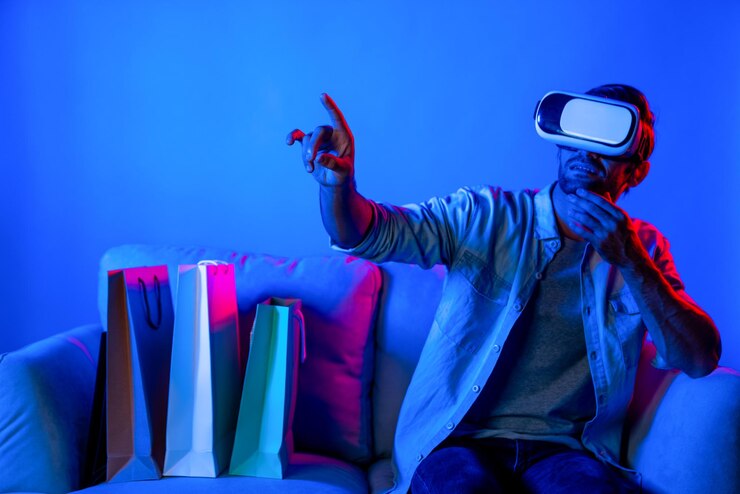 Foto homem caucasiano com vidro vr escolhendo programa enquanto estava sentado no sofá desvio