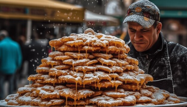 Homem caucasiano desfruta de lanche caseiro de biscoito de inverno gerado por IA