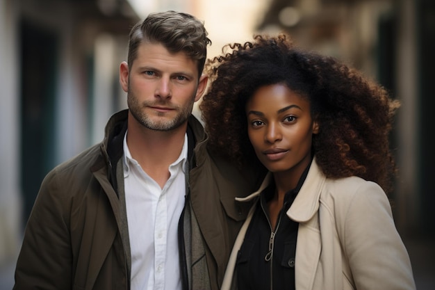 Foto homem caucasiano e mulher afro-americana se abraçando na rua e olhando para a câmera casal de amor multicultural relação de estilo de vida