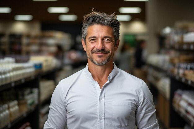 Foto homem caucasiano elegante que faz compras numa mercearia num centro comercial