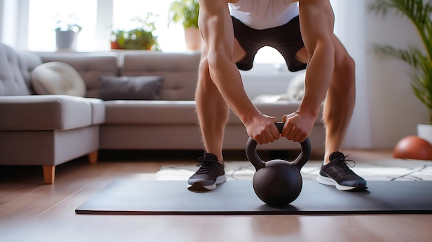 Homem caucasiano fazendo exercício com kettlebell na sala de estar