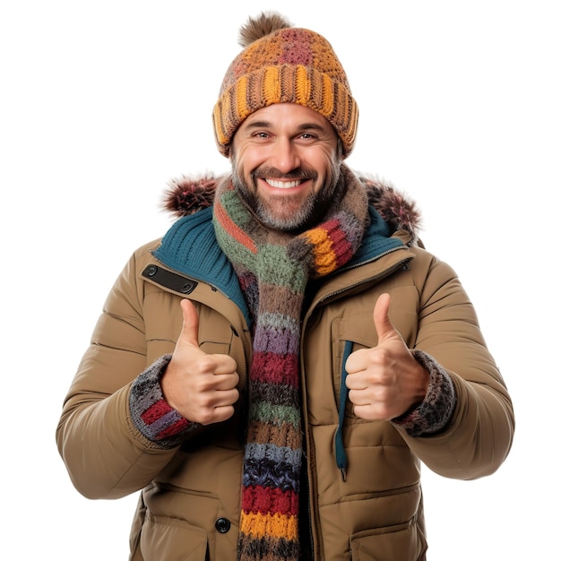 Homem caucasiano feliz em roupas de inverno coloridas com o polegar para cima