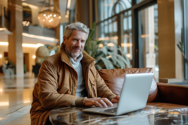 Homem caucasiano mais velho trabalhando em um laptop no lobby de um hotel ele está vestindo roupas casuais