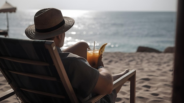 Foto homem caucasiano rico e bonito bem sucedido relaxando no resort de verão com coquetel