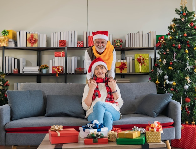 Homem caucasiano sênior de mãos dadas com sua esposa sentada no sofá sofá por trás com um sorriso no rosto feliz na sala decorada com presentes e Natal. romance relaxa casal de férias.