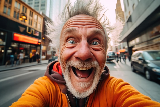 Foto homem caucasiano sênior expressão feliz e surpreendido fundo da cidade