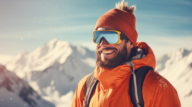 Homem caucasiano sorridente feliz contra o fundo de montanhas nevadas em uma estação de esqui durante as férias