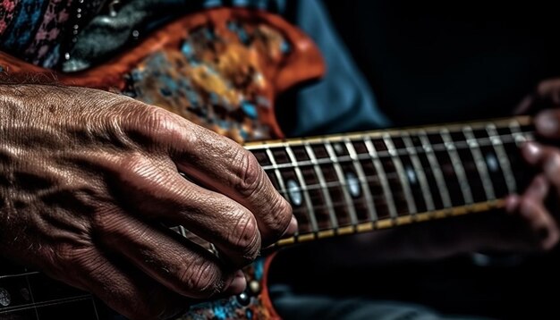 Homem caucasiano tocando violão com habilidade gerada por IA