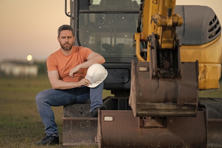 Foto homem caucasiano trabalhador da construção em capacete em um canteiro de obras trabalhador de engenharia da indústria em um chapéu duro perto de uma escavadora ou um trator de escavação conceito de indústria da construção gerente de local de construção