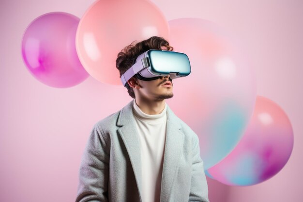 Homem caucasiano usando fone de ouvido VR e AR em fundo rosa criado usando tecnologia de IA generativa