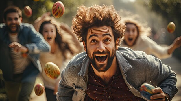 Foto homem cercado por pessoas jogando bolas na páscoa