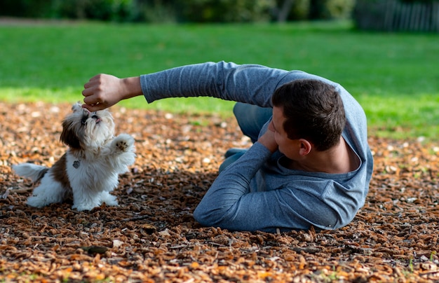 Homem chafurdando em um parque em cones com um lindo filhote interagindo com um animal