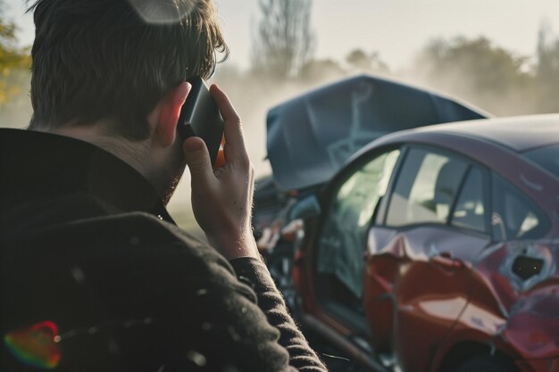 Homem chamando o seguro de veículo no telefone por causa de um acidente