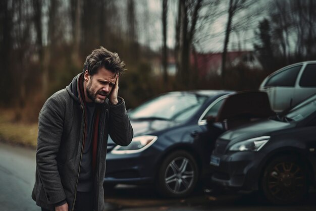 homem chateado depois de um acidente de carro