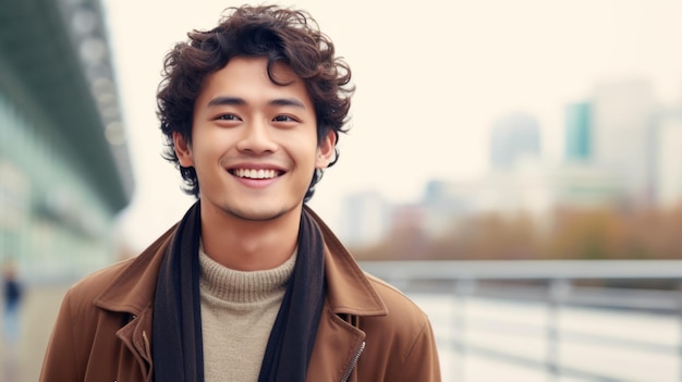 Homem chinês adulto sorridente com cabelo castanho encaracolado foto retrato de pessoa casual na rua da cidade fotorrealista ai gerado ilustração horizontal