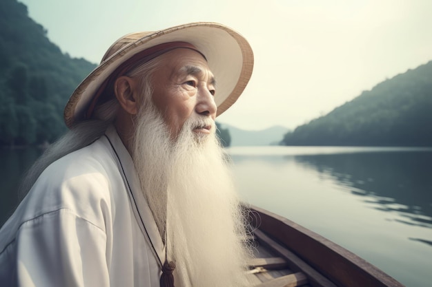 Foto homem chinês com longa barba branca homem asiático com chapéu olhando para o lago gerar ai