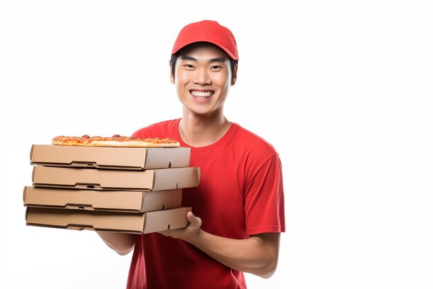 Homem chinês sobre fundo branco isolado segurando pizzas