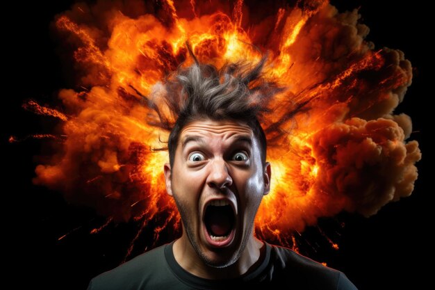 Foto homem chocado com explosão na cabeça isolado em fundo preto