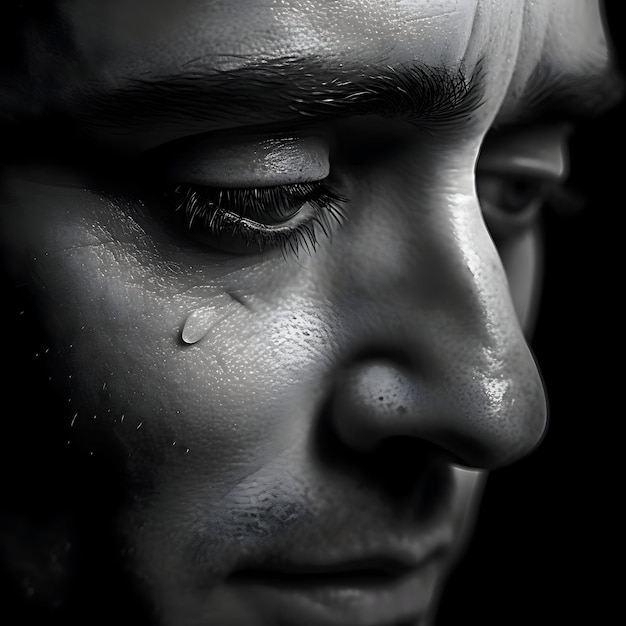 Homem chorando deprimido lado de perto vista minimalismo preto e branco de alta qualidade