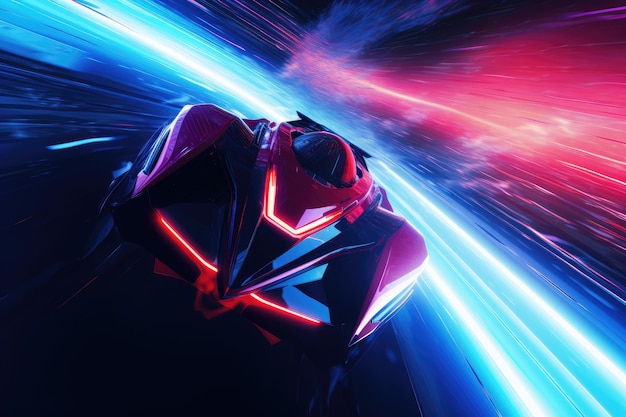 Homem ciborgue com capacete futurista com linhas de néon brilhantes renderização em 3D O expressionismo abstrato encontra o minimalismo hiperrealista na nave espacial Synthwave gerada por IA