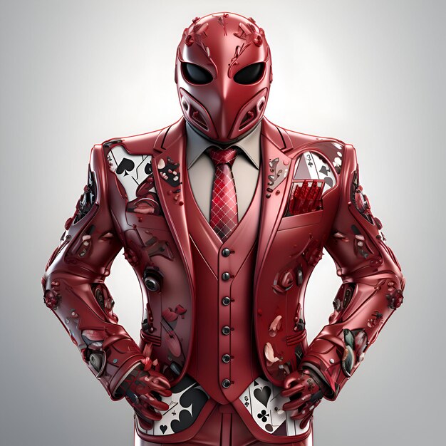 Foto homem ciborgue de terno vermelho e gravata renderização 3d