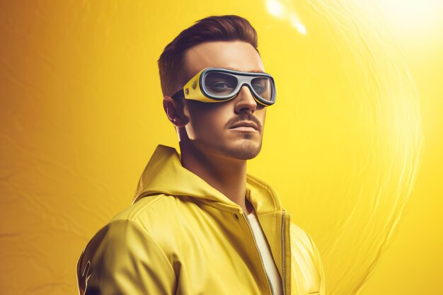 Homem científico látex amarelo Retrato de modelo bonito com óculos de proteção Gerar Ai