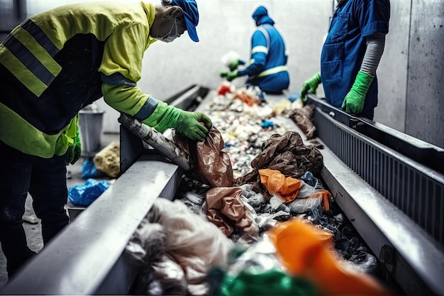 Foto homem classifica lixo em correia transportadora em fábrica de reciclagem de resíduos