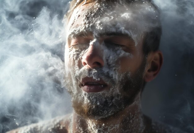 Homem coberto de espuma e fumaça.