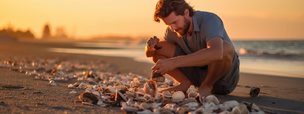 Homem coleta conchas na praia