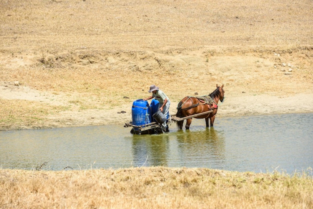 Foto homem coletando água com cavalo em um reservatório devido à seca no interior de paraíba, brasil