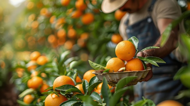 Foto homem colhe laranjas de uma árvore