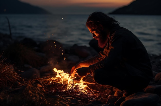 Homem colocando uma fogueira na costa do mar ao pôr-do-sol