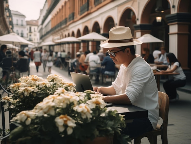 Homem colombiano trabalhando em um laptop em um ambiente urbano vibrante