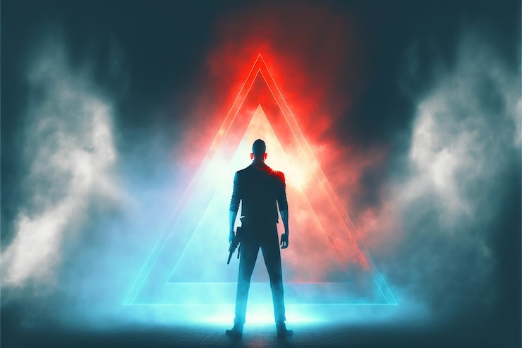 Foto homem com a arma homem com a arma em pé contra um fundo de fumaça com misterioso triângulo brilhante pintura de ilustração de estilo de arte digital