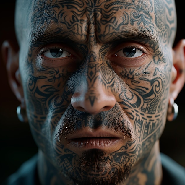 Foto homem com a cara tatuada