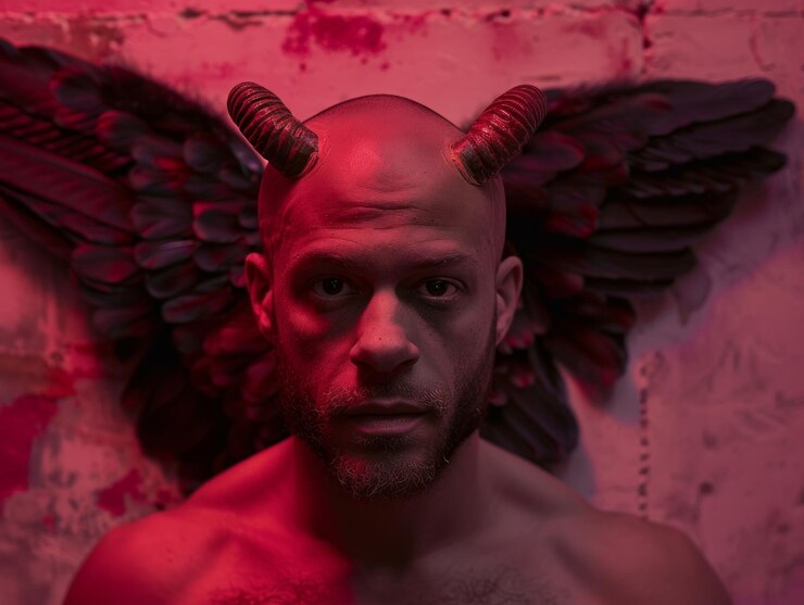 Foto homem com asas de anjo preto vermelho dois pequenos chifres em sua cabeça fundo temático no estilo da moda