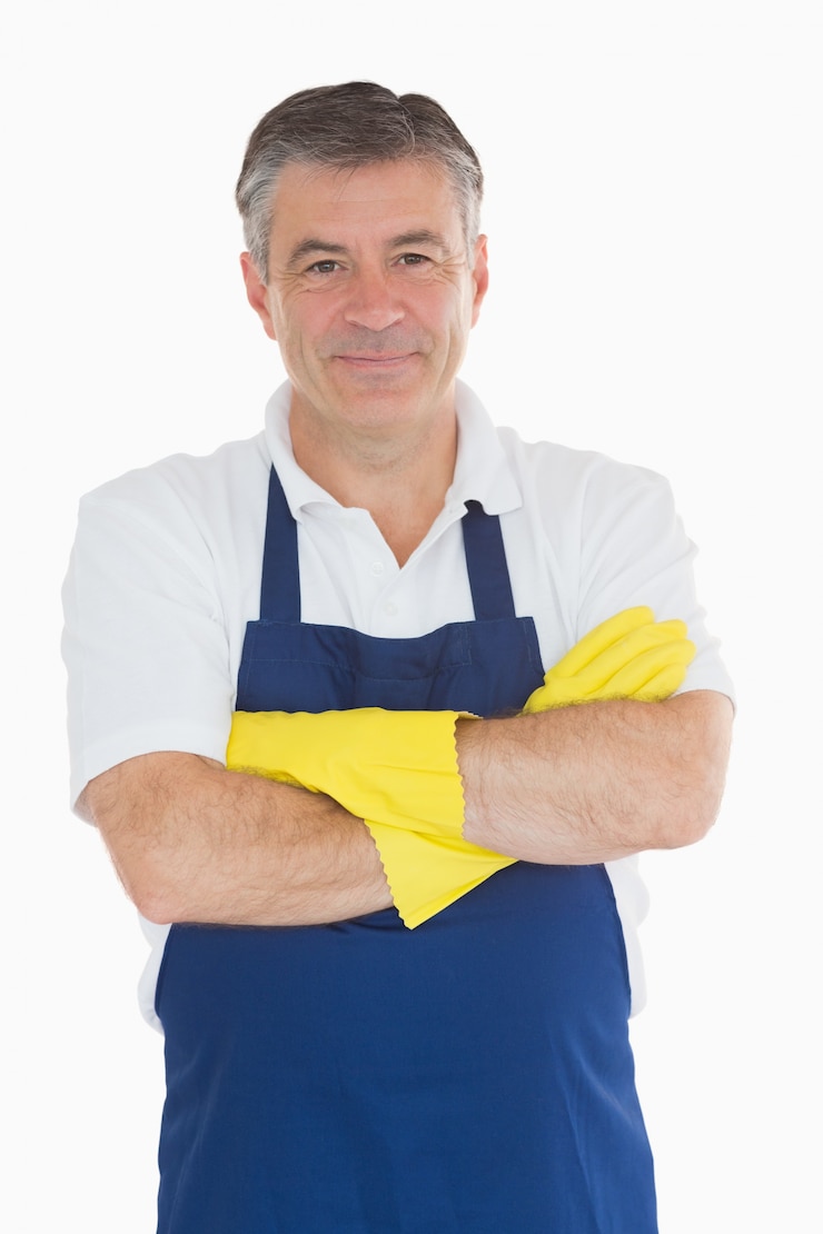 Foto homem com avental com luvas de borracha