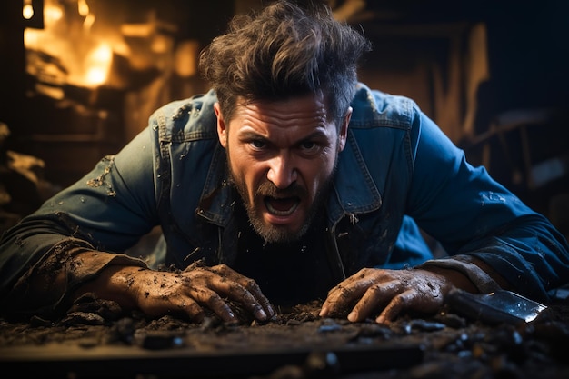 Foto homem com barba e barba está na sujeira ia generativa