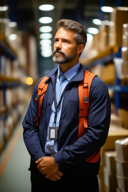 Homem com barba e camisa azul e mochila laranja IA generativa