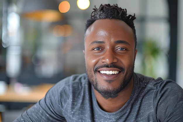 Foto homem com barba e camisa cinzenta sentado à mesa