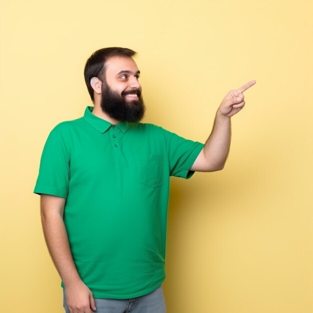 Foto homem com barba e camisa verde apontando com o dedo indicador