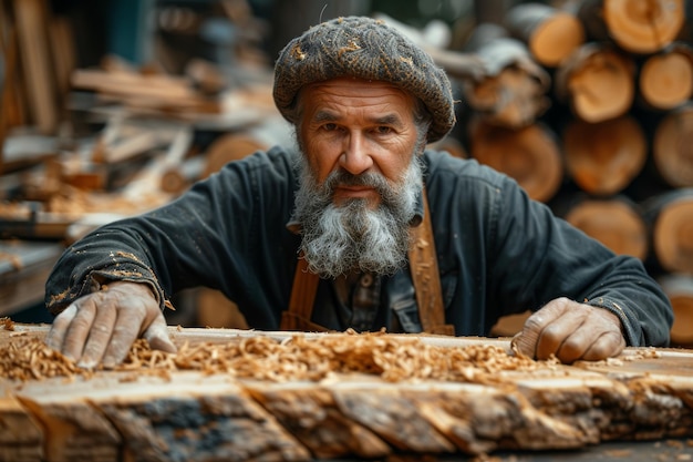 Homem com barba e chapéu de pé junto a uma pilha de troncos