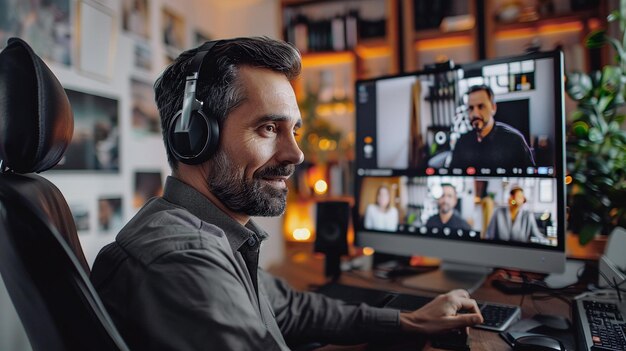 Foto homem com barba e fones de ouvido sorrindo na tela em uma videoconferência de grupo de um escritório em casa