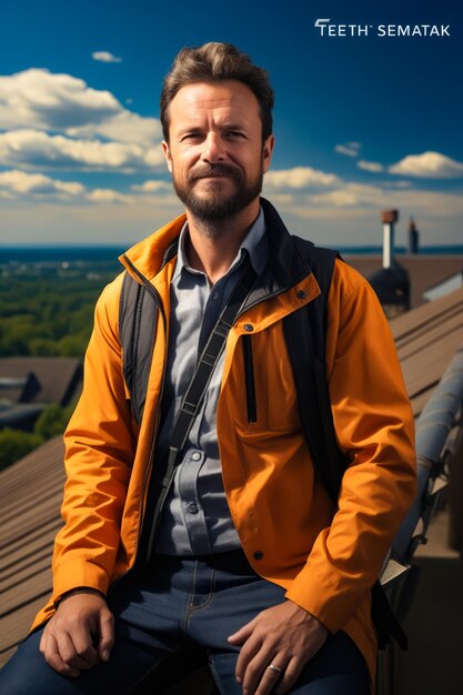 Homem com barba e mochila no telhado IA generativa