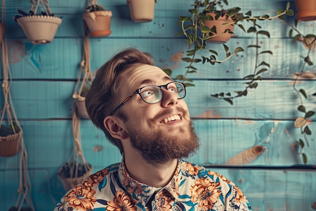 Homem com barba e óculos de pé em frente à parede azul