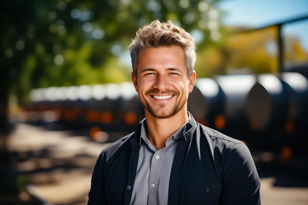 Homem com barba sorrindo para foto na frente do trem IA generativa