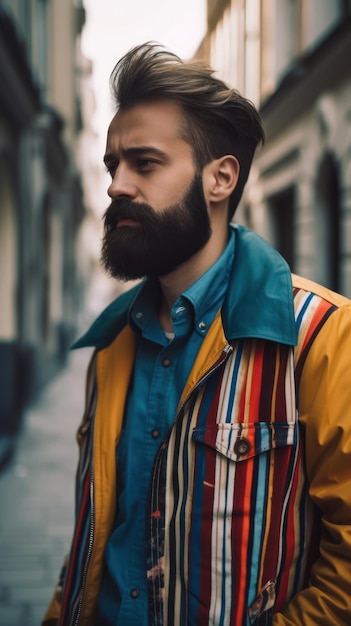 Homem com barba vestindo uma jaqueta e uma jaqueta