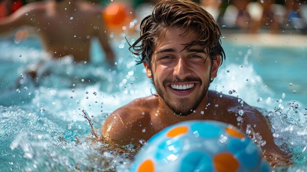 Foto homem com bola na piscina